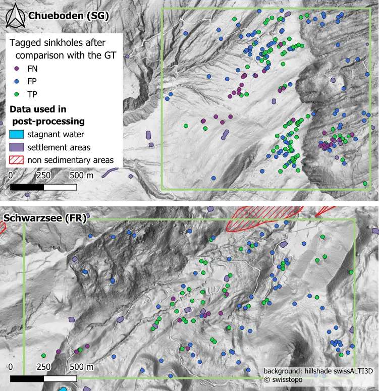 TP, FP, and FN as dots corresponding to the doline centroids for the areas of molasse